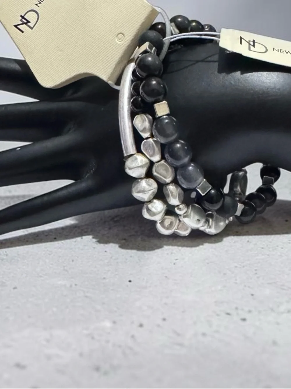 New Directions 3 piece Stacked Silver & Black Beaded Bracelet Set
